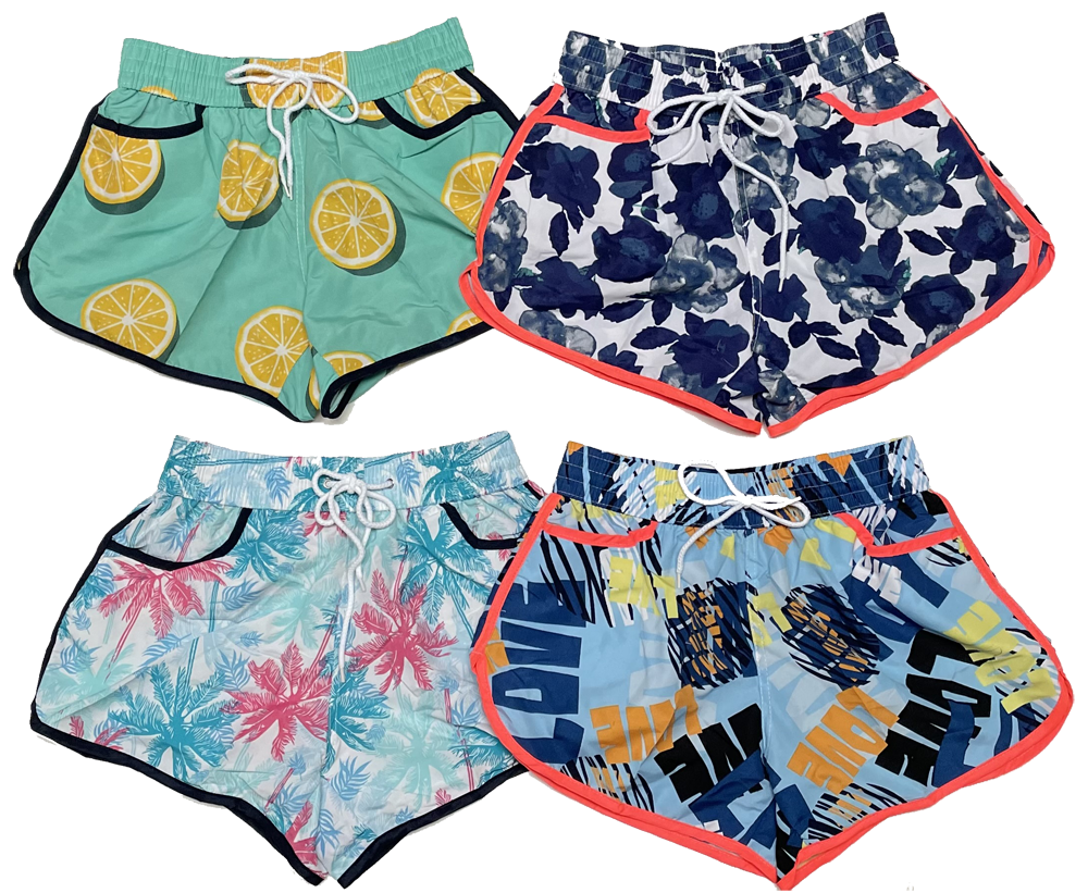 ''LADIES 2 POCKET BRIGHT PATTERNS VOLLEY SWIM SHORT, 6 DESIGNS''