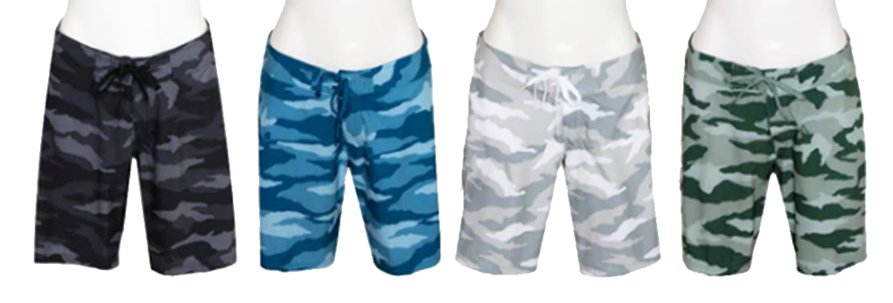 ''LADIES CAMO LONG BOARD SHORTS, CHARCOAL, BLUE, GREY, GREEN''