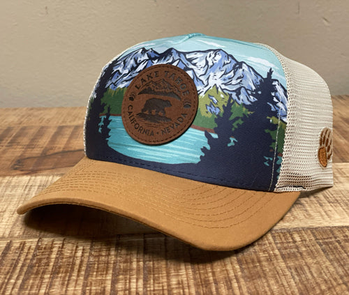 Ball Cap Rustic LEATHER Circle Patch on Scenic Lake Tahoe