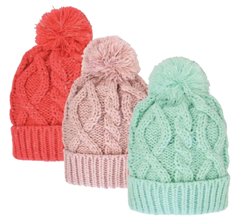 GIRLS FLEECE LINED CABLE SOLID KNIT CUFF POM HAT