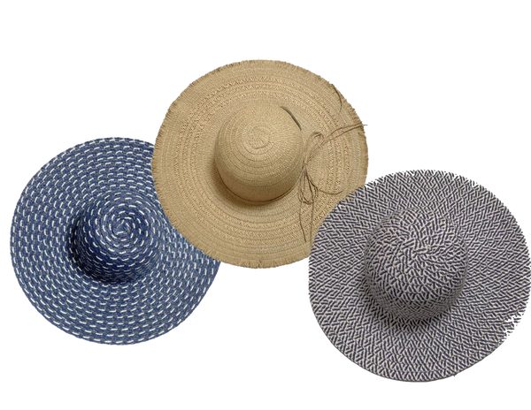 Fashion Hats Ladies Sun Round Woven, Blue, Natural, Eggplant