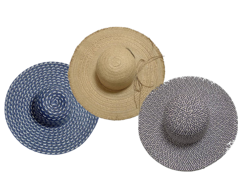 Fashion Hats Ladies Sun Round Woven, Blue, Natural, Eggplant