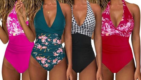 Swimwear Ladies Beach & Board One-Piece Solid-Floral Print Halter V-Neck Style Swimsuits, Assorted Prints/Colors