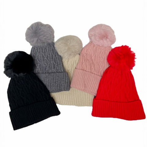 Winter-Hats Ladies Fleece Lined Cable Knit Cuff Pom Hat