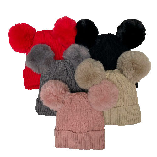 Winter-Hats Ladies Fleece Lined Cable Knit Cuff Dual-Ear Pom Hat