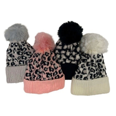 Winter-Hats Ladies Fleece Lined Leopard Print Knit Cuff Pom Hat
