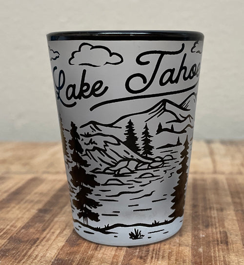 Souvenir Shot Glass Line Art Black and Frosted White Shot Glass, Lake Tahoe