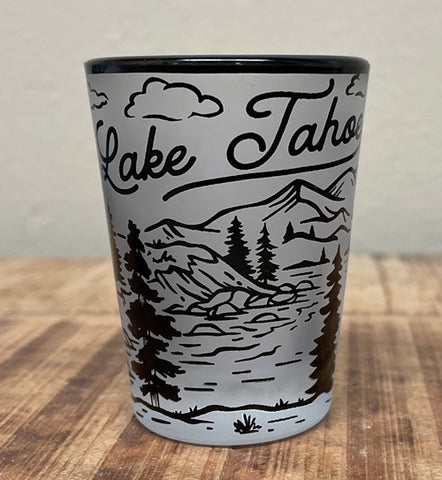 Souvenir Shot Glass Line Art Black and Frosted White Shot Glass, Lake Tahoe