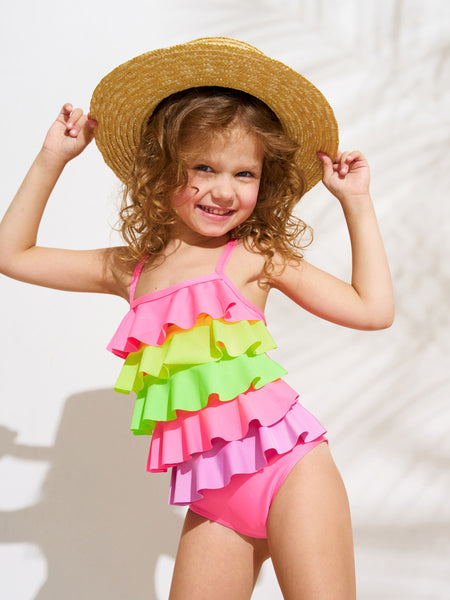 Swimwear Girls Ruffled Pastel Rainbow One Piece Swimsuit, Assorted Size 4-10