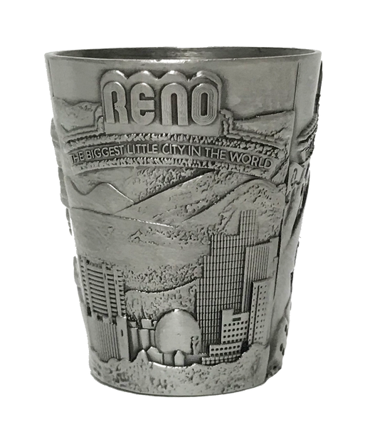 Souvenir Shot Glass Reno, Nevada, Biggest Little City in the World, Metal 3-Scenes Textured Shotglass