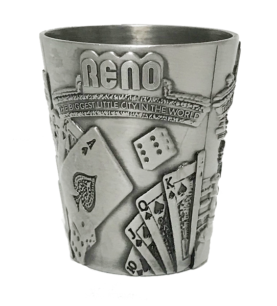 Souvenir Shot Glass Reno, Nevada, Biggest Little City in the World, Metal 3-Scenes Textured Shotglass