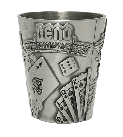 Souvenir Shot Glass Reno, Nevada, Biggest Little City in the World, Metal 3-Scenes Textured Shotglass