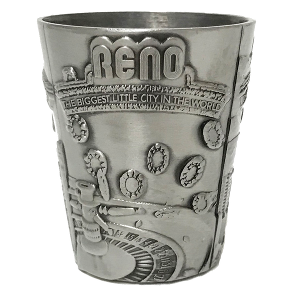 Souvenir Shot Glass Reno, Nevada, Biggest Little City in the World, Metal 3-Scenes Textured Shotglass