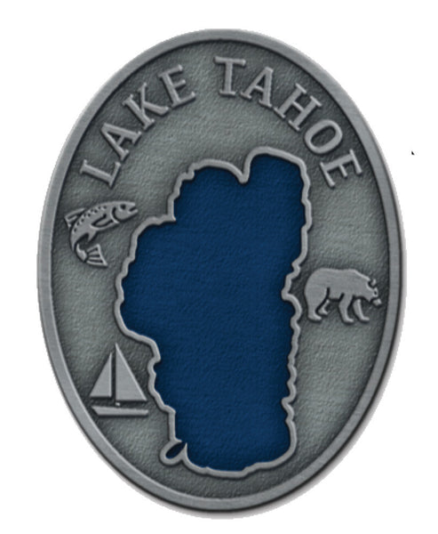 Souvenir Pin Lake Tahoe Oval Forged Look Pewter