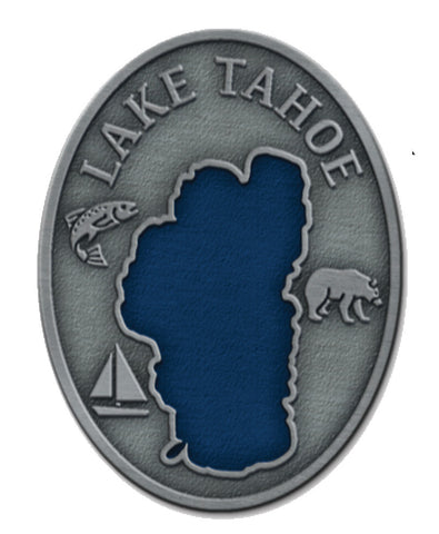 Souvenir Pin Lake Tahoe Oval Forged Look Pewter