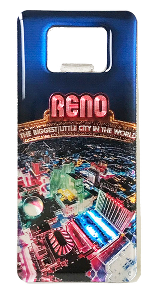 Souvenir Magnet Bottle Opener Reno, Nevada, Biggest Little City in the World Foil City Scape