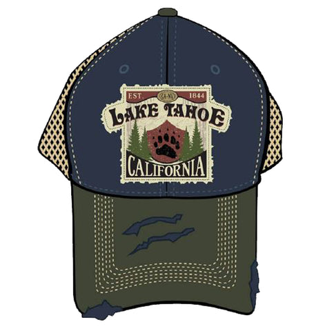 Souvenir Ball Cap Distressed Luau Badge, Navy, Brown, Lake Tahoe