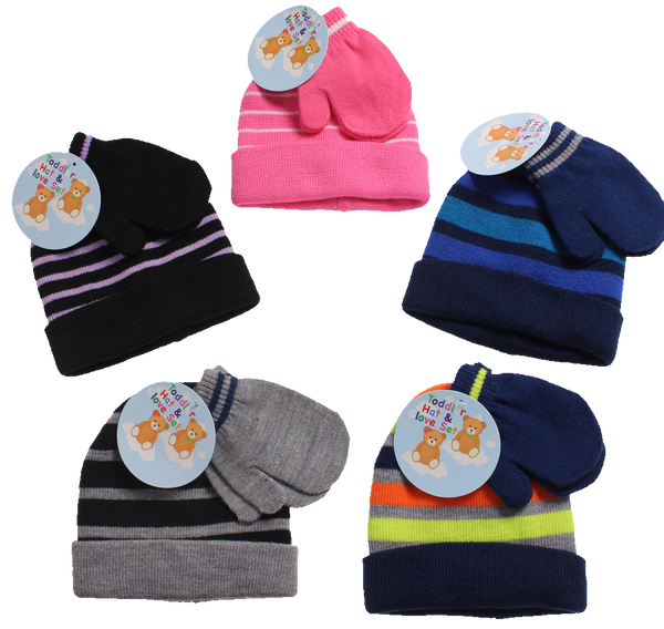 Winter-Hats Toddler & Infant Striped Cuff Knit Hat & Mitten Set, Assorted Designs