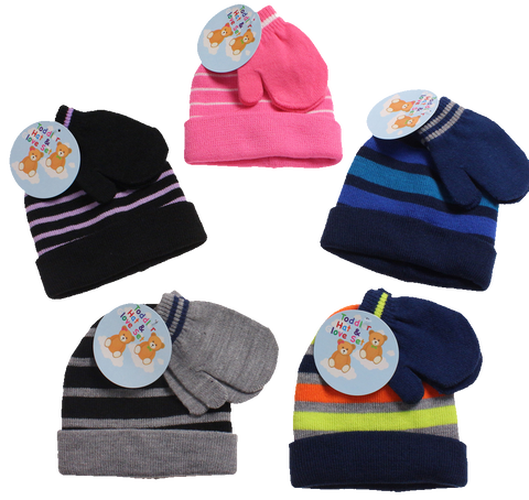 Winter-Hats Toddler & Infant Striped Cuff Knit Hat & Mitten Set, Assorted Designs