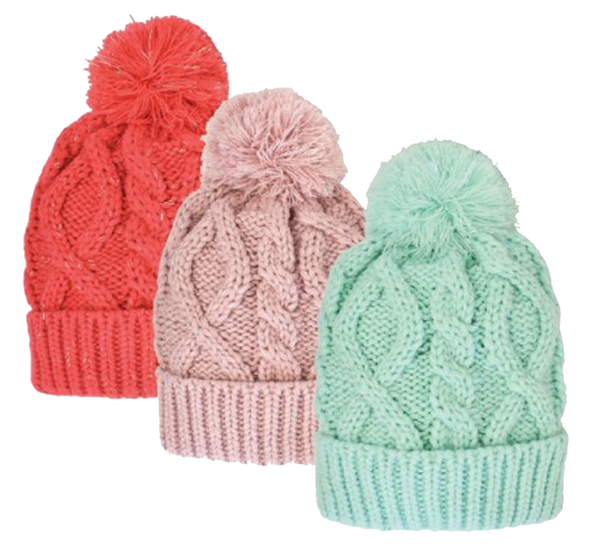 Winter-Hats Girls Fleece Lined Cable Solid Knit Cuff Pom Hat