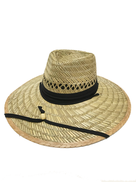 Natural and Neutral Hats Men's Rush Straw Beach Hat with Solid Fabric Band and Chin Strap