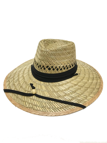 Natural and Neutral Hats Men's Rush Straw Beach Hat with Solid Fabric Band and Chin Strap