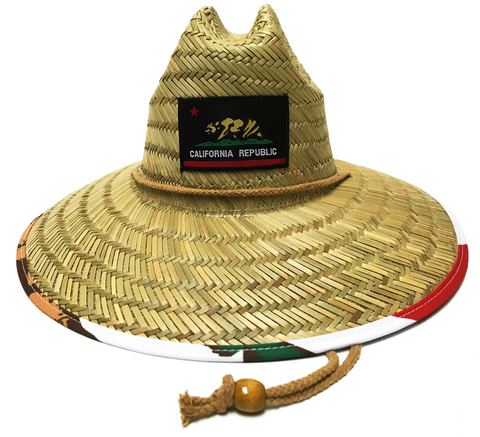 Natural and Neutral Hats Adult California Republic Badge Under Brim Design Rush Straw Lifeguard Hat, Black, White, Mountain