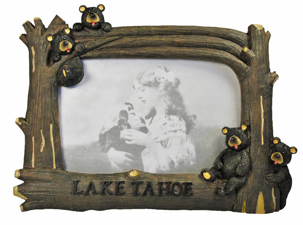 Souvenir Photo Frame Rustic Wood & Lake Tahoe Bear Cubs