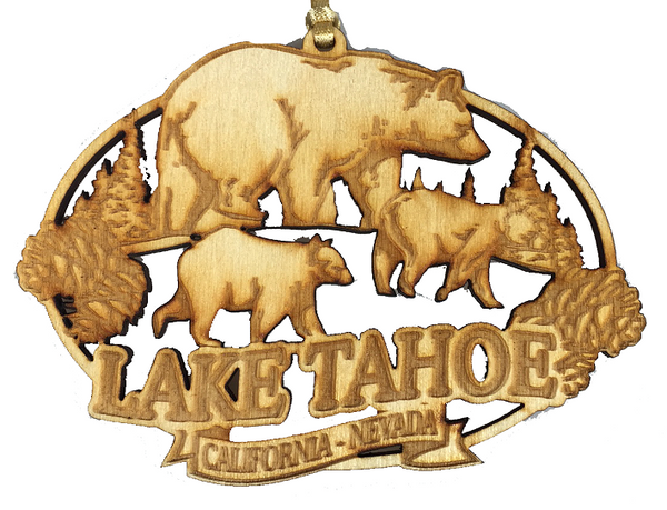 Souvenir Ornament Wood Carved Three Bears Lake Tahoe