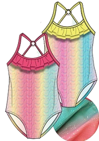 Swimwear Girls Sz 4-6X Ruffled Pastel Rainbow One Piece Swimsuit, Size 4-6X